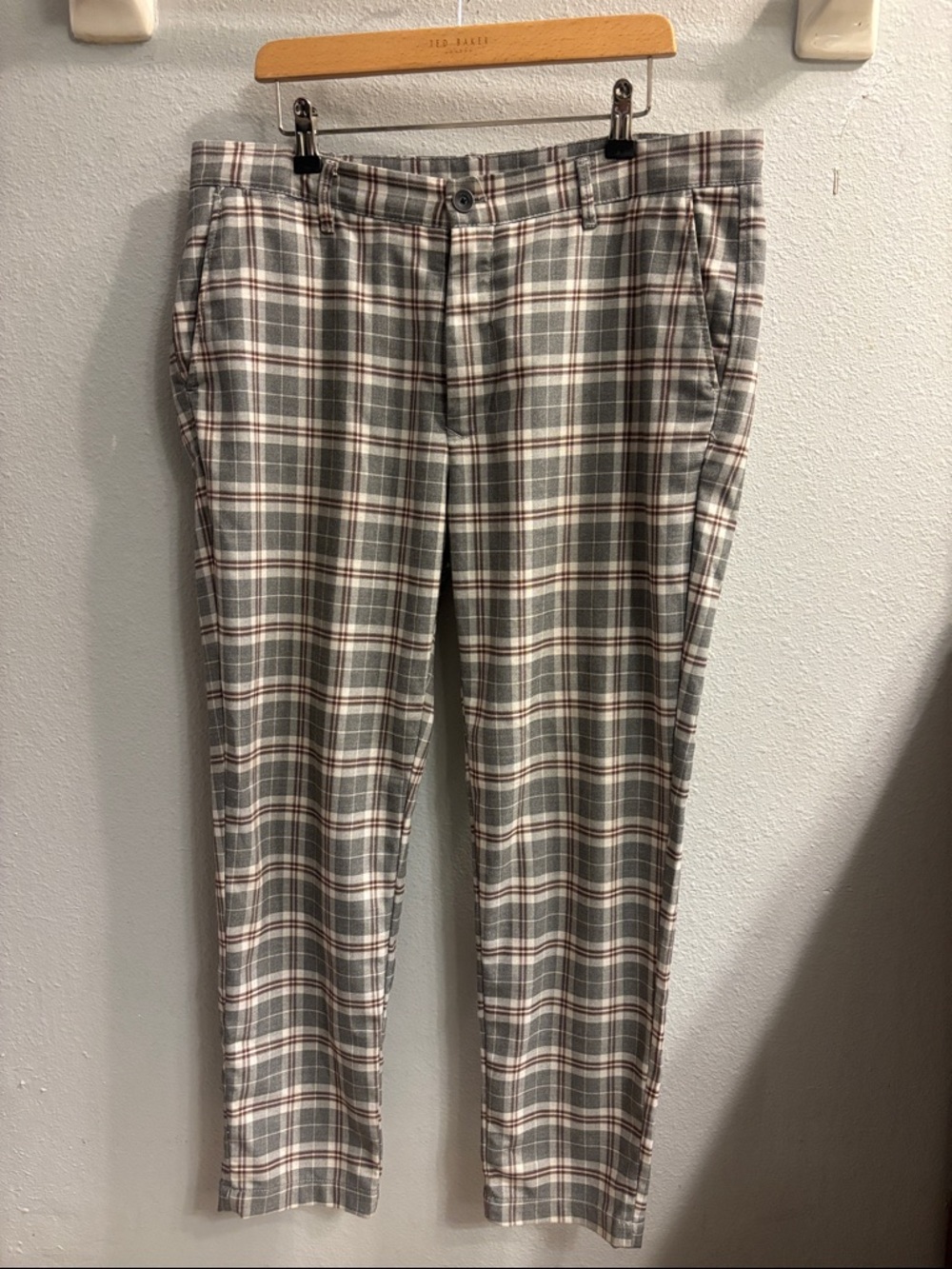 Zara Plaid Chinos in Gray and Cream with Brown Accent